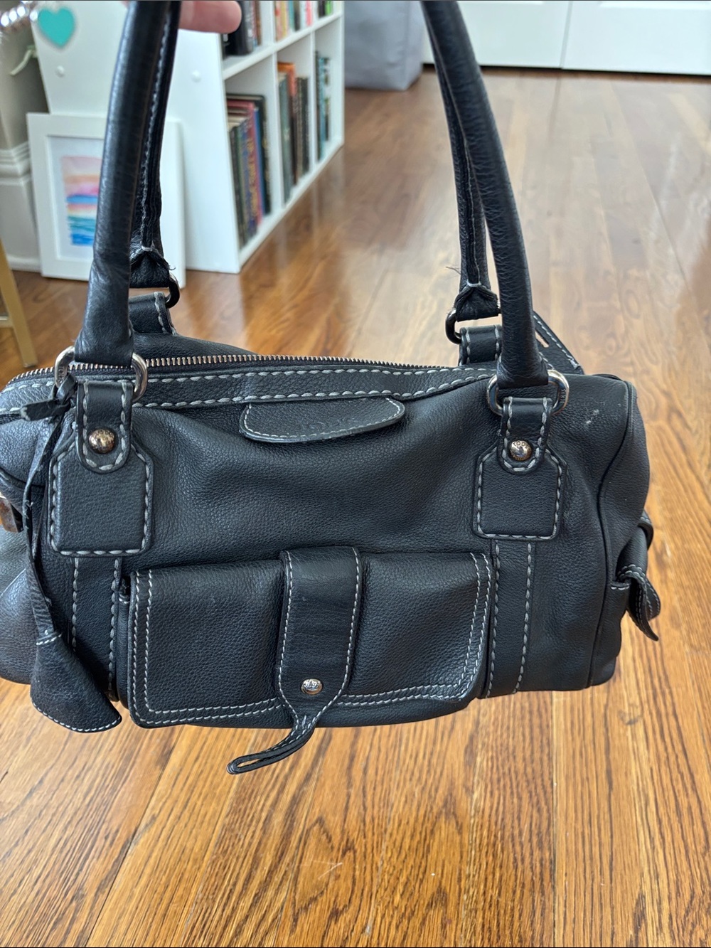 Tod's Black Leather Shoulder Bag with White Contrast Stitching
